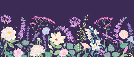 Seamless horizontal border with blooming flowers on dark background. Multicolored garden flowers in row. Banner with floral pattern. Summer botanical vector flat illustration.のイラスト素材