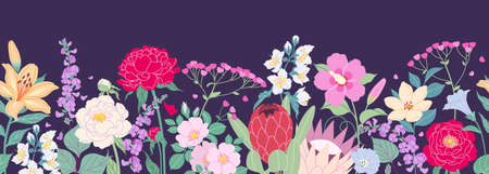Seamless horizontal border with blooming flowers on dark background. Multicolored garden flowers in row. Banner with floral pattern. Summer botanical vector flat illustration.のイラスト素材