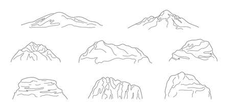 Contour drawing mountains and rocks. Simple outline set isolated on white. Line art nature landscape design element. vector illustration.のイラスト素材