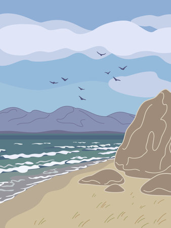 Simple nature scene with sea waves, mountains, rocks, clouds and flying birds in blue sky. Seacoast landscape vector minimalistic illustration.のイラスト素材