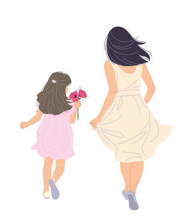 Running young woman and small girl isolated on white background. Mom and daughter in light dresses simple vector illustration. female figure back view.のイラスト素材