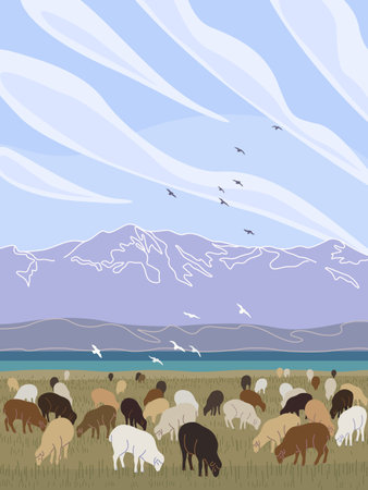 Simple nature scene with mountains, cloud in blue sky, sheep grazing on green lawn and flying birds. Serenity landscape with farm animal flock vector minimalistic illustration.のイラスト素材