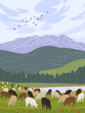 Simple nature scene with mountains, cloud in blue sky, sheep grazing on green lawn and flying birds. Serenity landscape with farm animal flock in vector minimalistic illustration.のイラスト素材