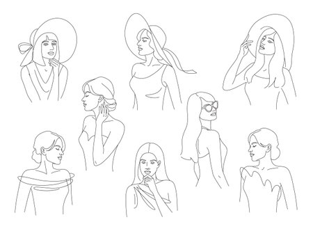 Young modern women in hats and dresses vector art line illustration. Beautiful elegant woman wearing evening gown. Set of female portraits monochrome minimalist print.のイラスト素材