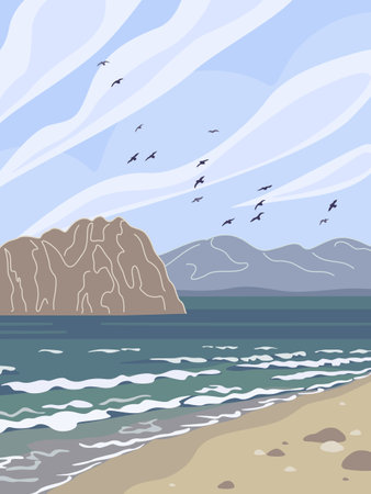 Simple nature scene with blue sky, mountains, island, sea waves, and flying birds. Serenity seacoast landscape vector minimalistic illustration.のイラスト素材