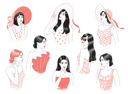 Young modern women in hats and dresses vector art line illustration. Beautiful elegant woman in white and pink dress. Set of female portraits minimalist print.のイラスト素材