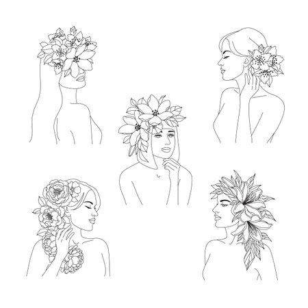 Beautiful women with flowers on head vector one line drawing. Monochrome line art floral minimalist print. female beauty concept. Abstract portraits, fashion illustration, minimalist style.のイラスト素材