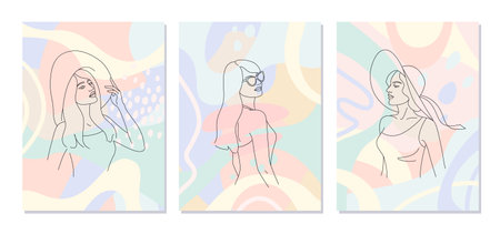 Set of female portraits in monochrome art line style. Beautiful women on colorful background. Abstract compositions for wall decor, poster design. Vector minimalistic illustration in pastel colors.のイラスト素材