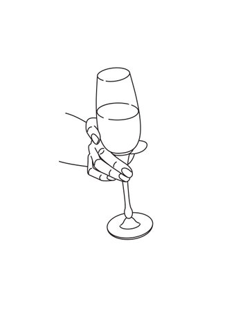 Female hand holding wine glass. Monochrome vector design element, line art illustration.のイラスト素材