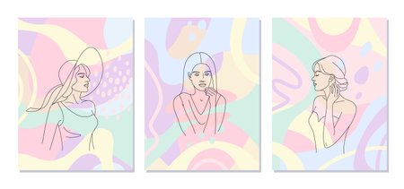 Set of female portraits in monochrome art line style. Beautiful women on colorful background. Abstract compositions for wall decor, poster design. Vector minimalistic illustration in pastel colors.のイラスト素材
