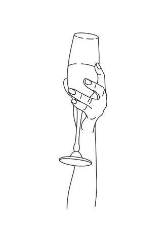 Female hand holding wine glass. Monochrome vector design element, line art illustration.のイラスト素材