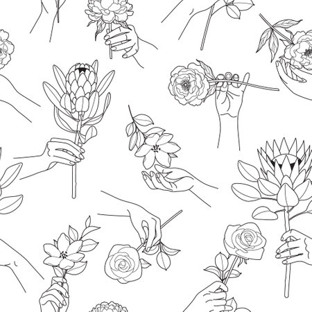 Seamless pattern with outline female hands and tender flowers. Elegant floral composition with woman hands touching and holding blooming flowers. Monochrome line art vector illustration.のイラスト素材