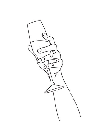 Female hand holding wine glass.  Monochrome vector design element, line art illustration.のイラスト素材