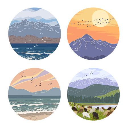 Set of round labels with landscapes. Circular vector minimalist illustrations with mountain and sea scene.のイラスト素材