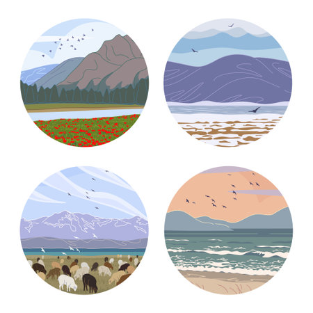 Set of round labels with landscapes. Circular vector minimalist illustrations with mountain and sea scene.のイラスト素材