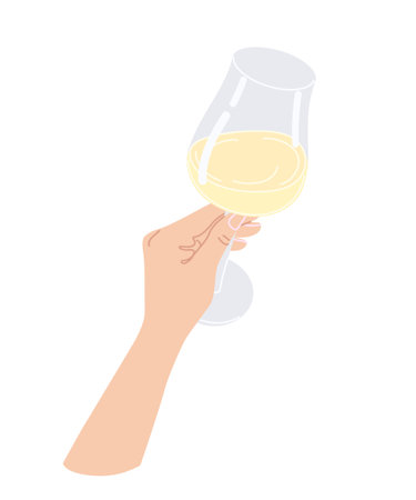 Female hand holding wine glass isolated on white.  Simple design element, vector flat illustration.のイラスト素材