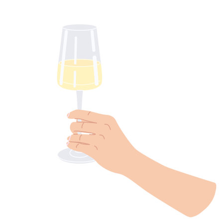 Female hand holding wine glass isolated on white.  Simple design element, vector flat illustration.のイラスト素材