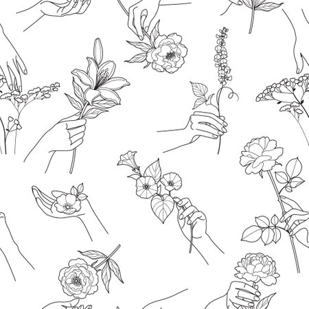 Seamless pattern with outline female hands  and tender flowers.  Elegant floral composition with woman hands touching and holding blooming flowers. Monochrome line art vector illustration.のイラスト素材