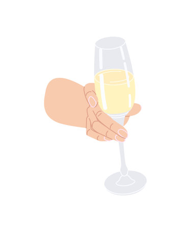 Female hand holding wine glass isolated on white.  Simple design element, vector flat illustration.のイラスト素材