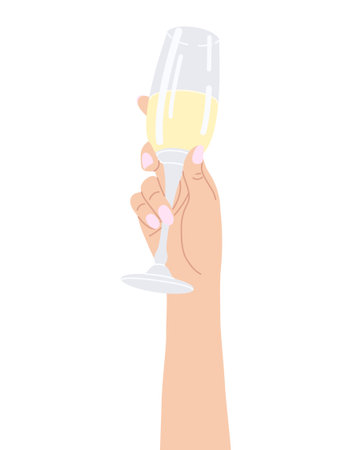 Female hand holding wine glass isolated on white.  Simple design element, vector flat illustration.のイラスト素材