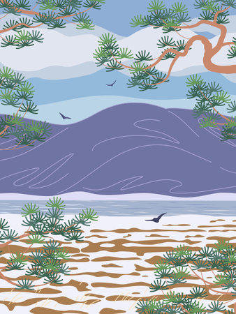 Serenity winter landscape. Simple nature scene with mountains, river, clouds, pine branches, snow covered field and flying birds. Vector minimalistic illustration.のイラスト素材