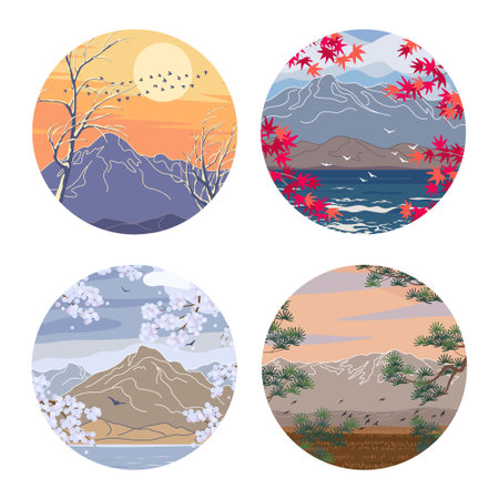 Set of round labels with season landscapes. Circular vector minimalist illustrations with mountain and sea scene.のイラスト素材