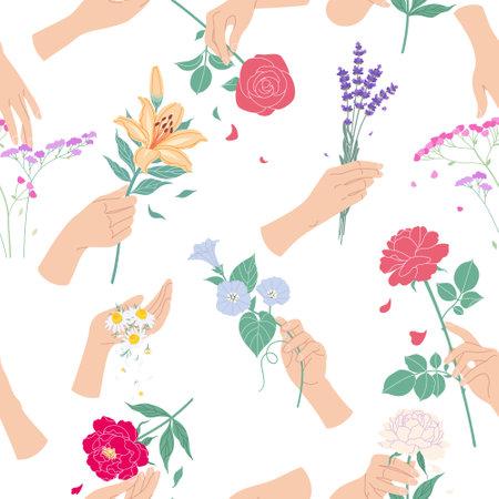 Seamless pattern with female hands and tender flowers. Elegant floral composition with woman hands touching and holding blooming flowers. simple vector illustration.のイラスト素材