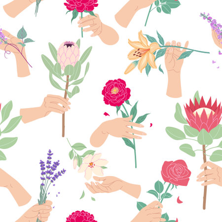 Seamless pattern with female hands and tender flowers. Elegant floral composition with woman hands touching and holding blooming flowers. Simple vector illustration with protea, lavender, rose, peony.のイラスト素材