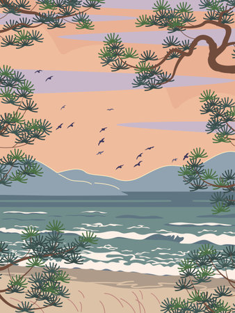Serenity evening landscape. Simple nature scene with mountains, beach, sea waves, pine branches and flying birds. Vector minimalistic illustration.のイラスト素材