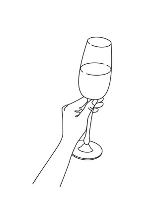 Female hand holding wine glass. Monochrome vector design element, line art illustration.のイラスト素材