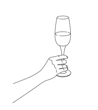 Female hand holding wine glass. Monochrome vector design element, line art illustration.のイラスト素材