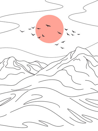 Simple nature scene with red sun, monochrome mountain range and flying birds. Bird flock silhouette at sunrise or sunset. Line drawing serenity landscape. vector minimalist illustration.のイラスト素材