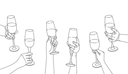 Women hands holding wine glasses with alcohol. Girlfriends gathering at the party. Female friendship concept. Holiday event, hen-party, celebrate birthday. Monochrome vector line art illustration.のイラスト素材
