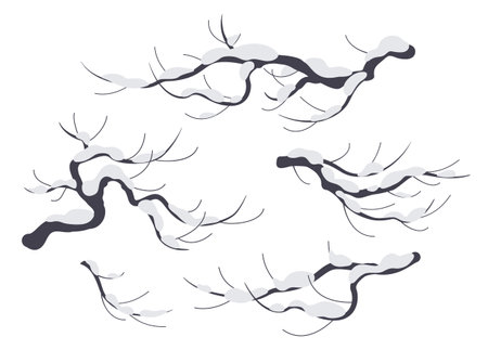 Set of snow covered tree branches isolated on white background. Winter plant without leaves. Snowy and frozen deciduous trees or bushes during cold season. Simple vector flat illustration.のイラスト素材