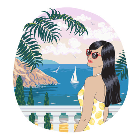 Young woman standing near balustrade. Brunette in sunglasses and summer dress enjoys the sea coast. Serenity landscape with blue water, island, cypress trees and sail boat. Vector illustration.のイラスト素材