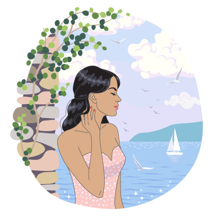 Young woman standing near old stone wall. Brunette in summer dress enjoys the sea coast. Serenity landscape with blue water, flying seagulls, island and sail boat. Vector illustration.のイラスト素材