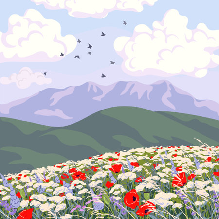 Simple nature scene with blue sky, cloud, flying birds, mountains, red poppy and wildflowers field. Serenity landscape vector minimalistic illustration.のイラスト素材
