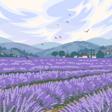 Simple blooming lavender field scenery. Serenity nature landscape with purple plants, mountains and flying birds in the sky. Vector minimalistic illustration.のイラスト素材