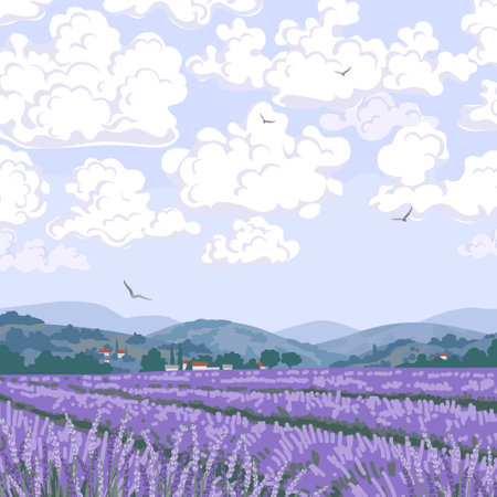 Simple blooming lavender field scenery. Serenity nature landscape with purple plants, mountains and flying birds in the sky. Vector minimalistic illustration.のイラスト素材