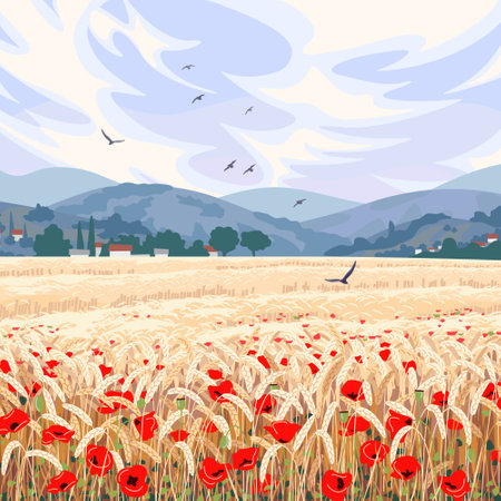 Rural scene with field of ripe wheat, red poppy flowers, hills, clouds and flying birds in the sky. Calm summer countryside landscape. Simple vector illustration.のイラスト素材