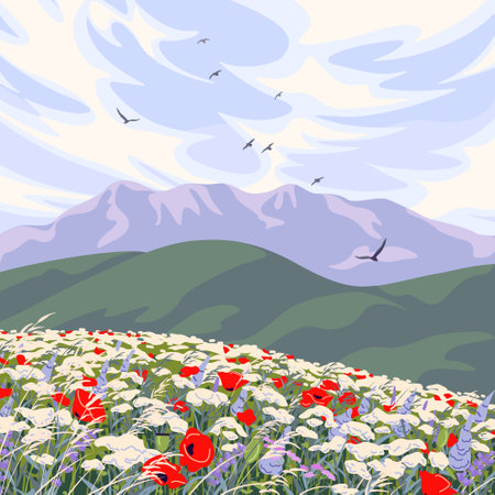 Simple nature scene with blue sky, cloud, flying birds, mountains, red poppy and wildflowers field. Serenity landscape vector minimalistic illustration.のイラスト素材