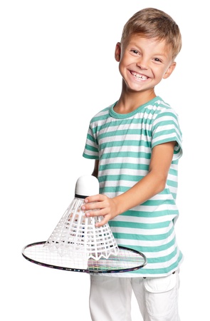 Little boy playing badmintonの写真素材
