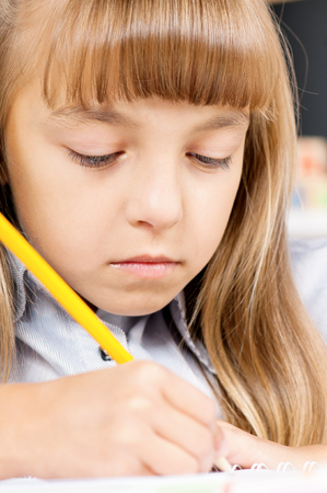 Portrait of a adorable little girl in school at the deskの写真素材