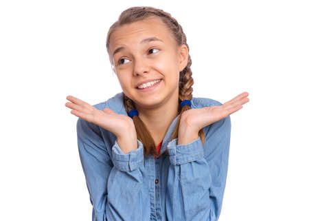 Happy teenage girl laughing looking very happy, isolated on white backgroundの写真素材