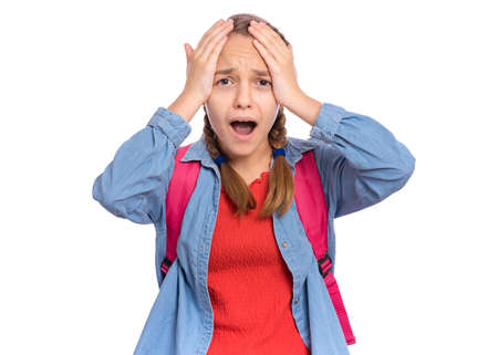 Emotional portrait of scared girl teenager, isolated on white backgroundの写真素材
