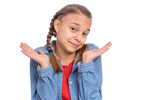 Happy teenage girl laughing looking very happy, isolated on white backgroundの写真素材