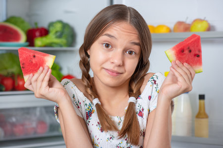 Beautiful young teen girl holding big Watermelon while standing near open fridge in kitchen at homeの写真素材