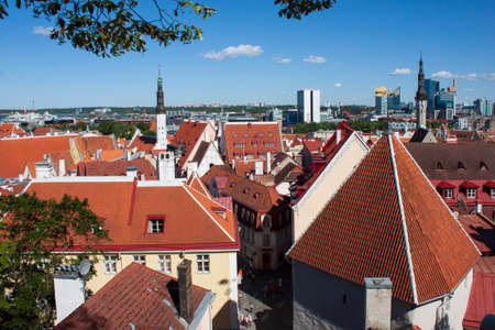 Tallinn, Estonia - 28 June 2019: Red roofs of old town buildings. Top viewのeditorial素材