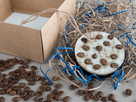 Wrapping handmade coffee soap as souvenir for gifting or good for later sale. Beauty productの写真素材