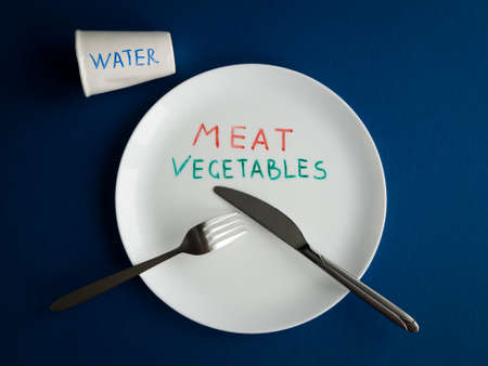 Names of the food on the plate instead real meal. Concept of food ration, daily diet or food shortage and hungerの写真素材